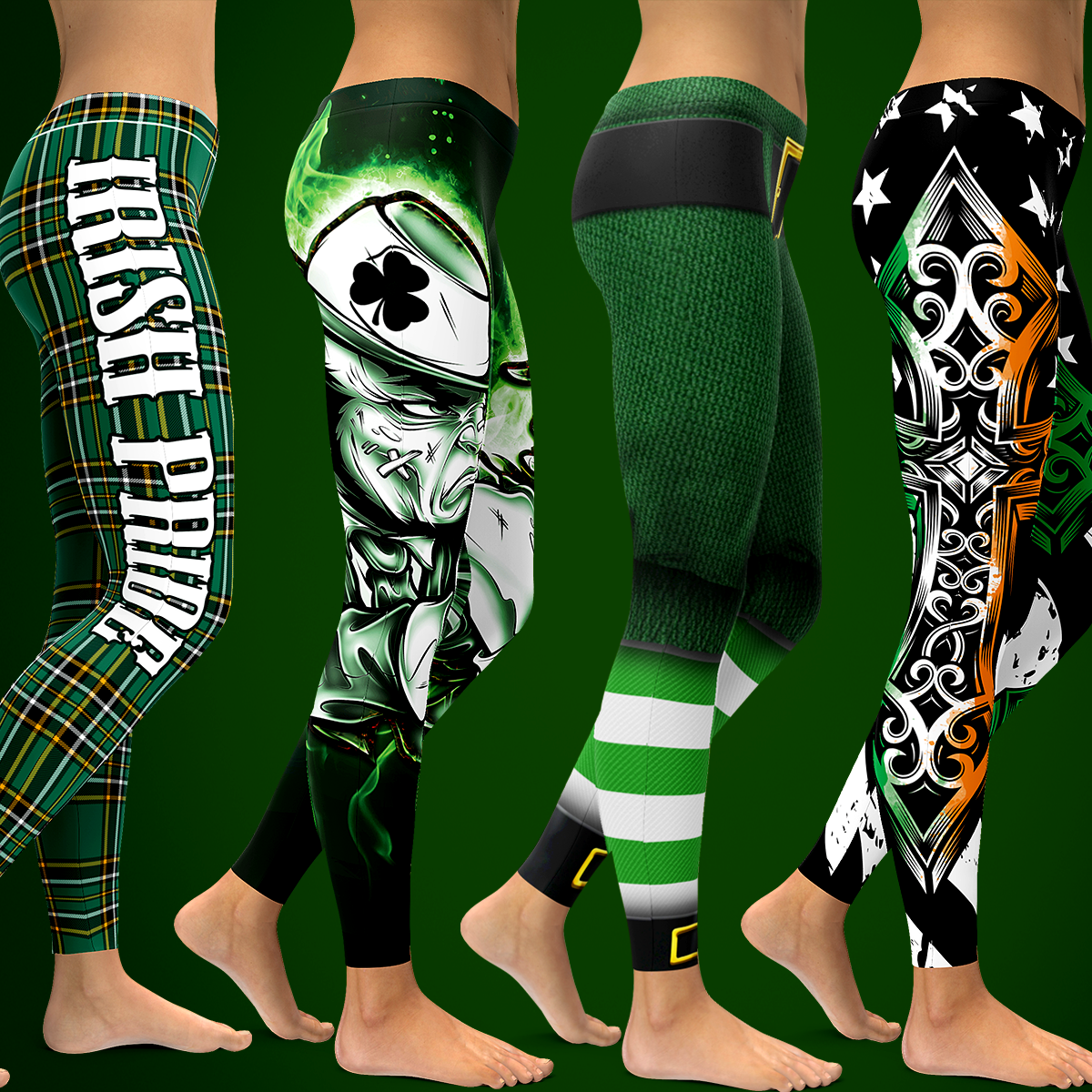 GearBunch's Leprechaun leggings featuring green pants with shamrocks and cartoon leprechauns