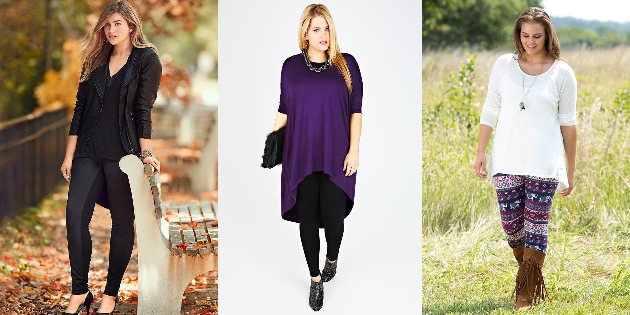 Plus size woman confidently wearing patterned leggings, showing a flattering fit