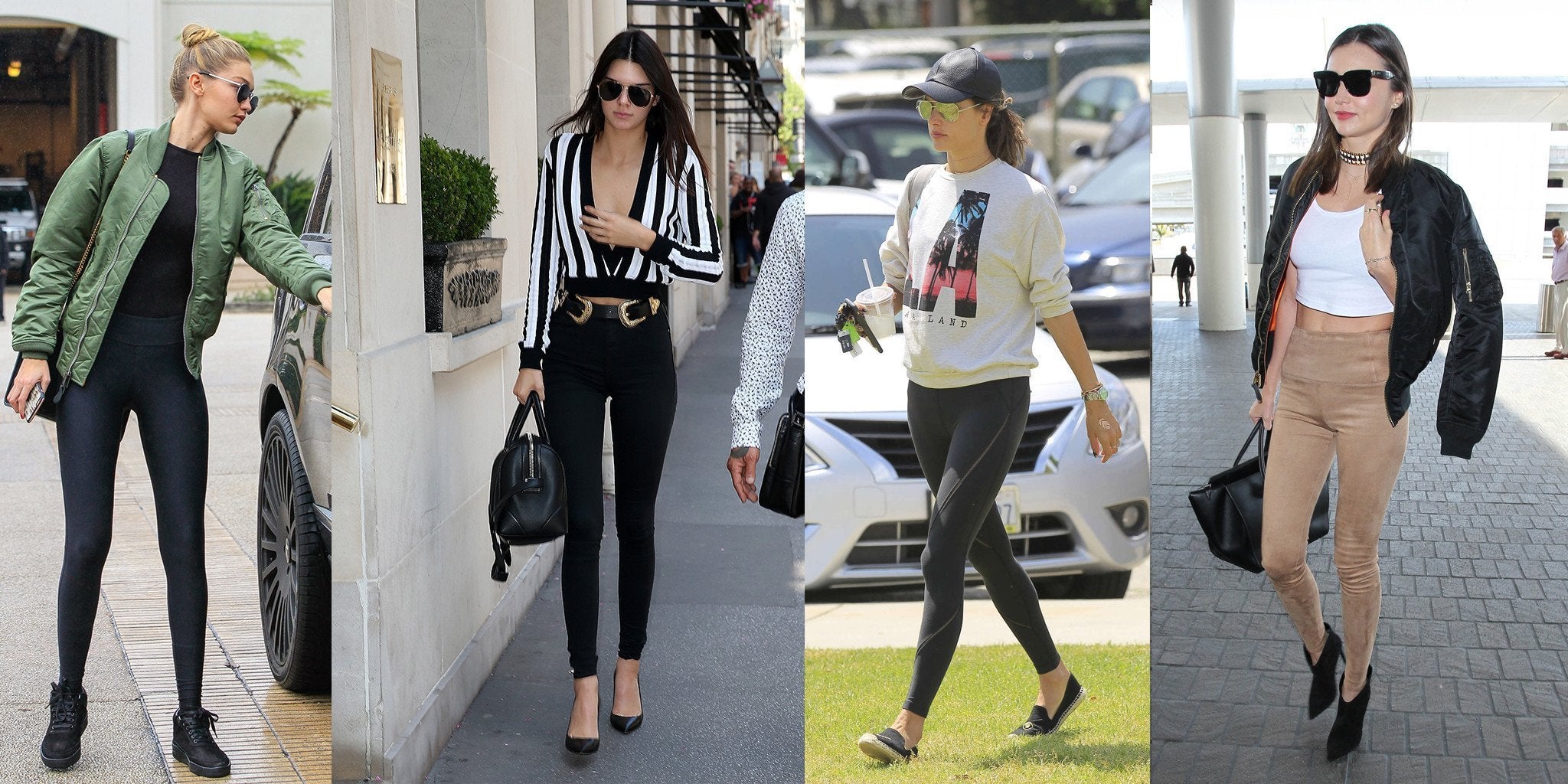 Miranda Kerr wearing leggings, crop top, and coat for street style