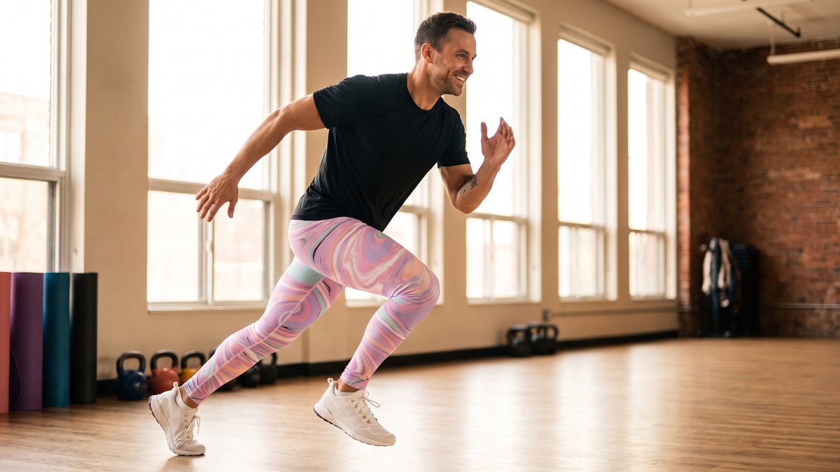 Lifestyle image of a model wearing Liquid Marble Cotton Candy Meggings from GearBunch