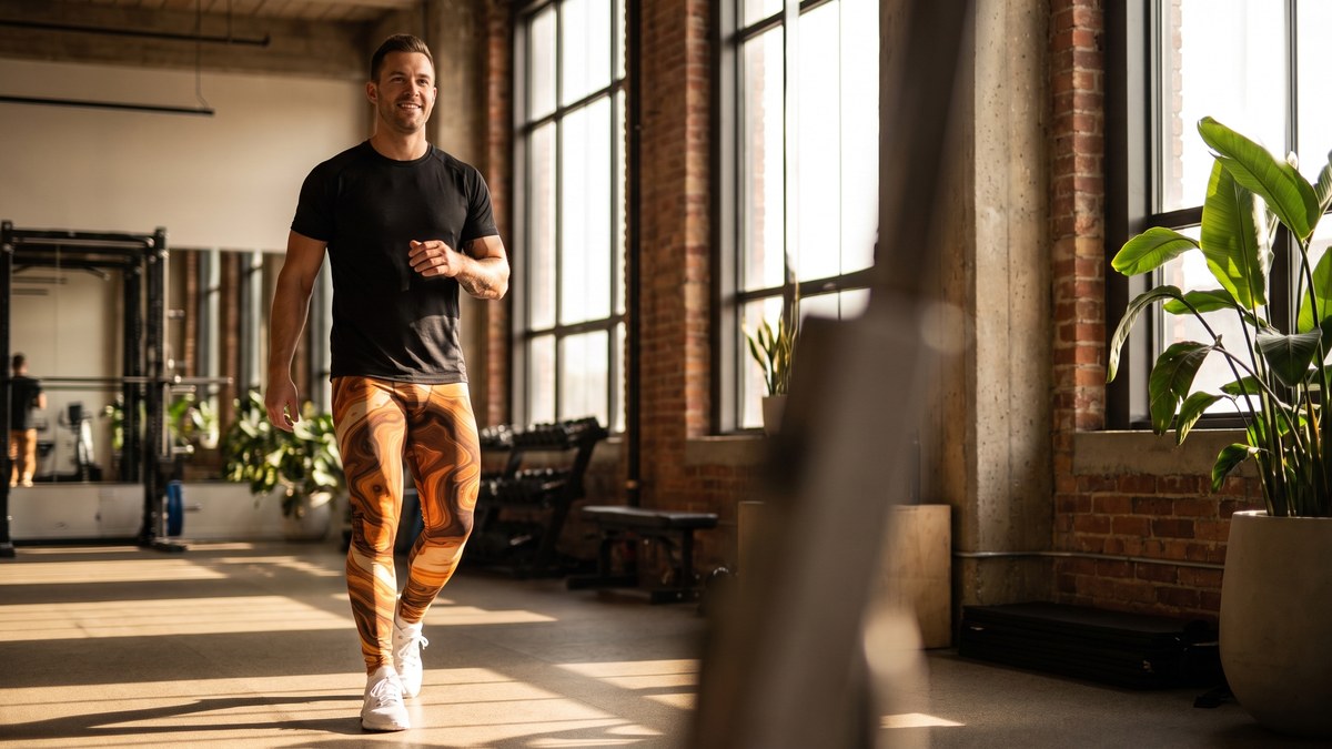 Lifestyle image of a model wearing Liquid Marble Earth Agate Meggings from GearBunch