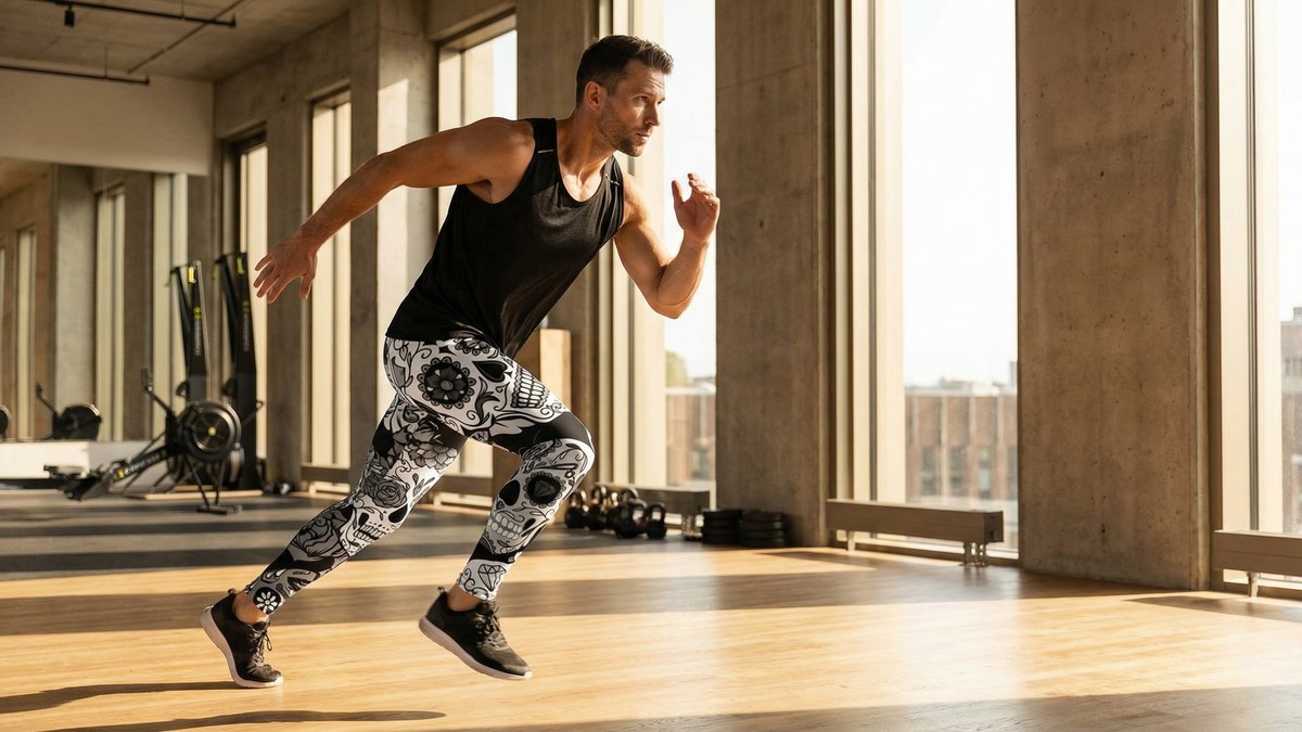 Model wearing black and white sugar skull meggings by GearBunch