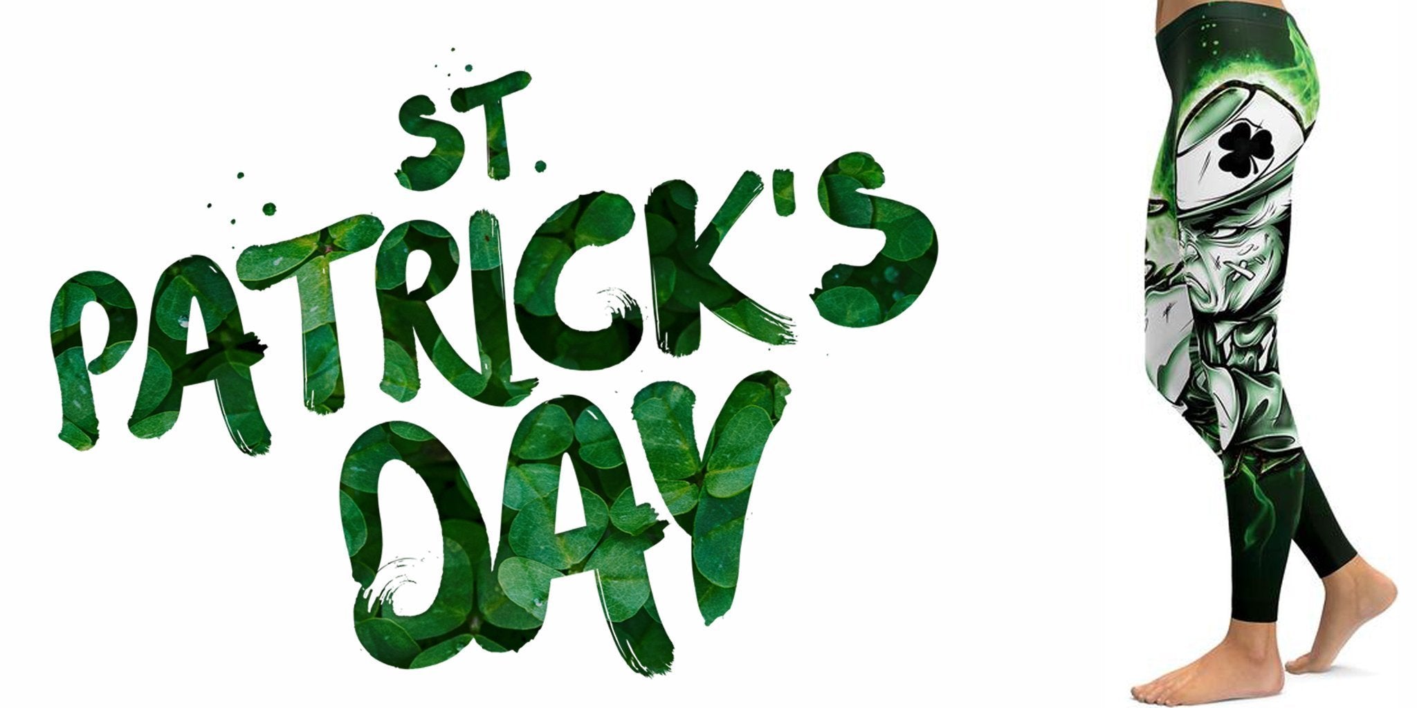 Woman in GearBunch shamrock leggings and black top for St. Patrick's Day