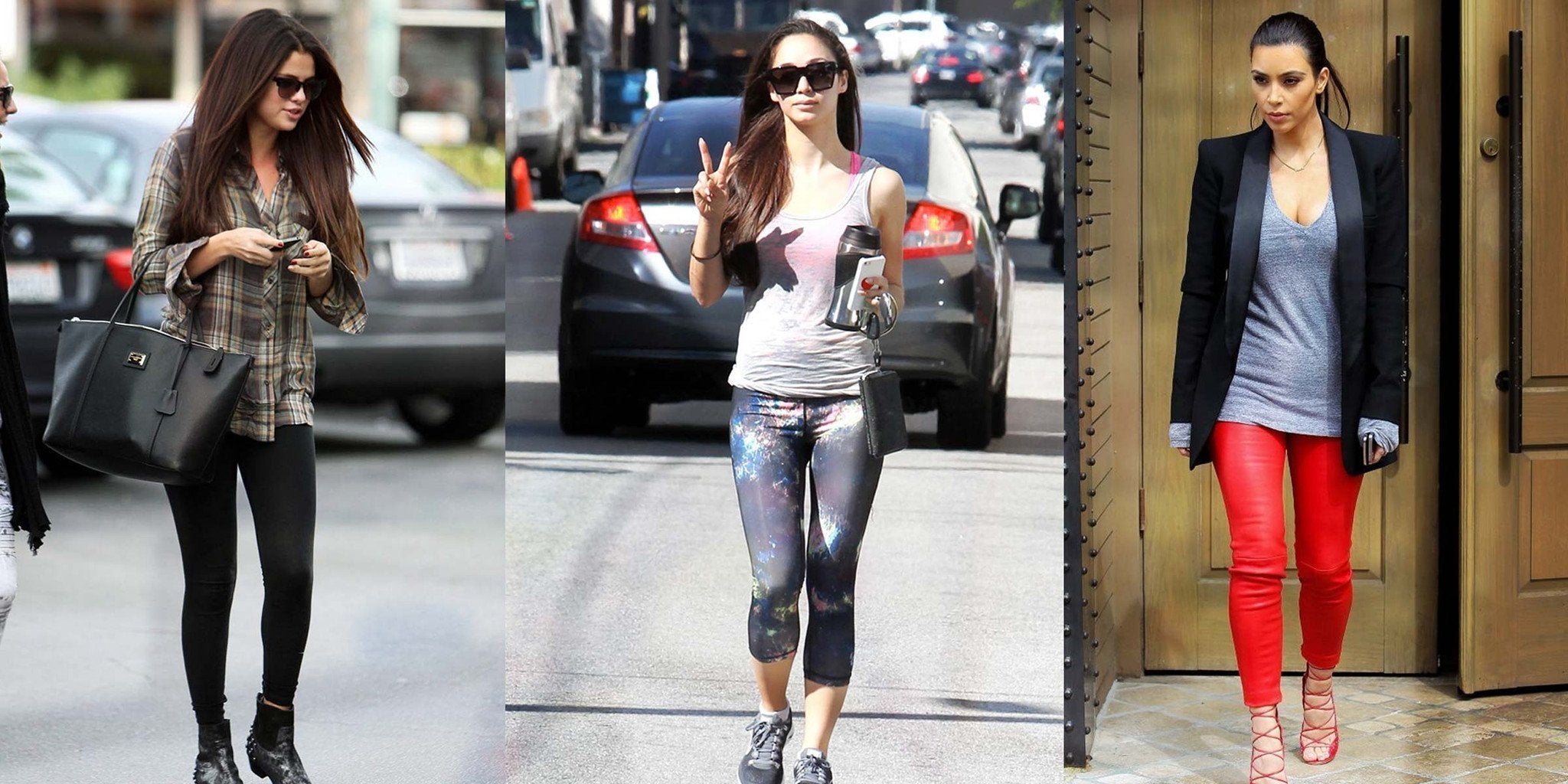 Collage of celebrities wearing leggings as pants in stylish outfits