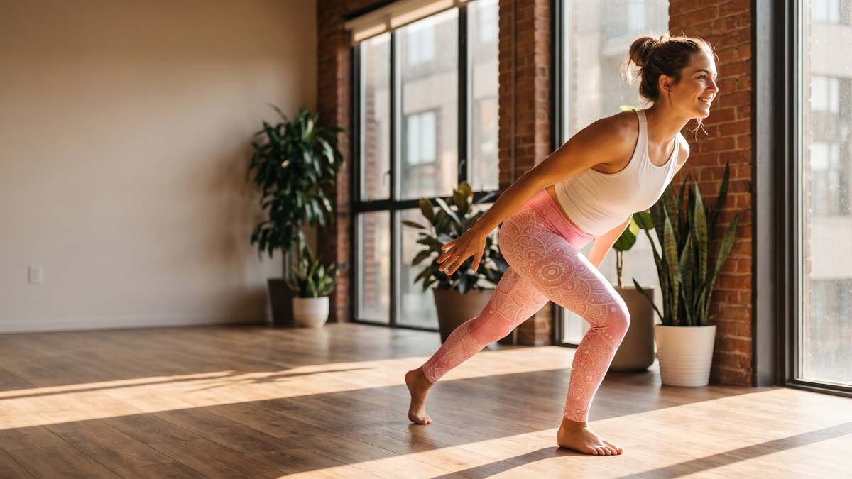 Lifestyle image of a model wearing Soft Pink Mandala Leggings from GearBunch
