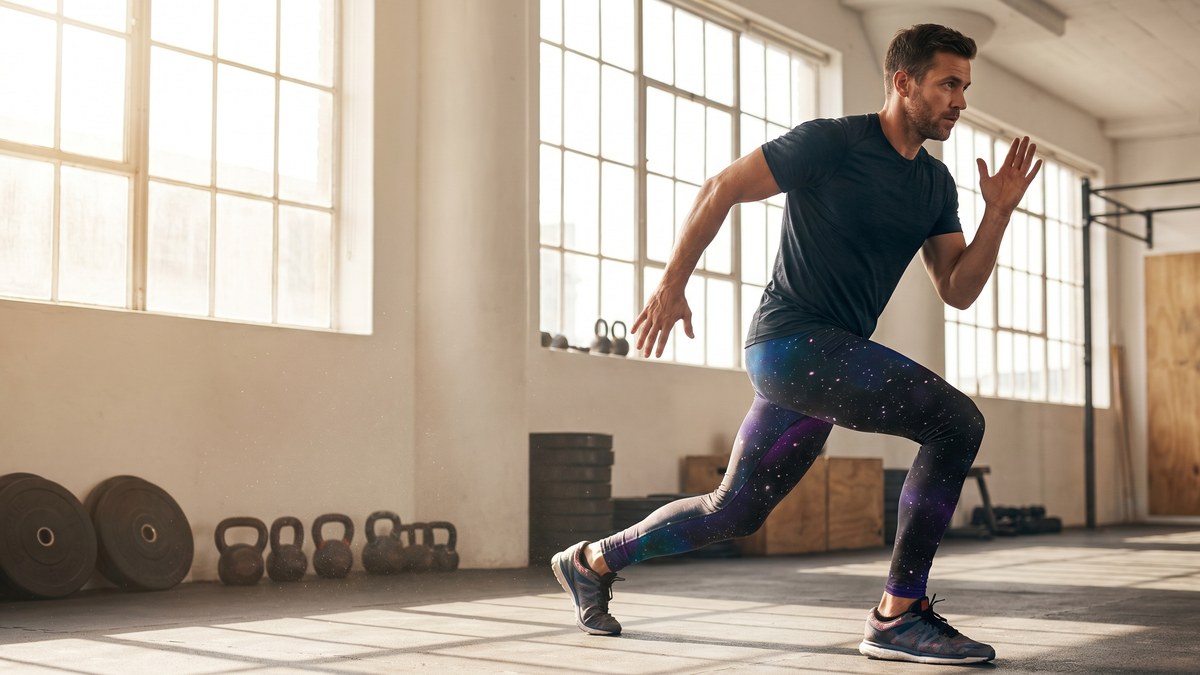 Lifestyle image of a model wearing Purple Galaxy Meggings from GearBunch