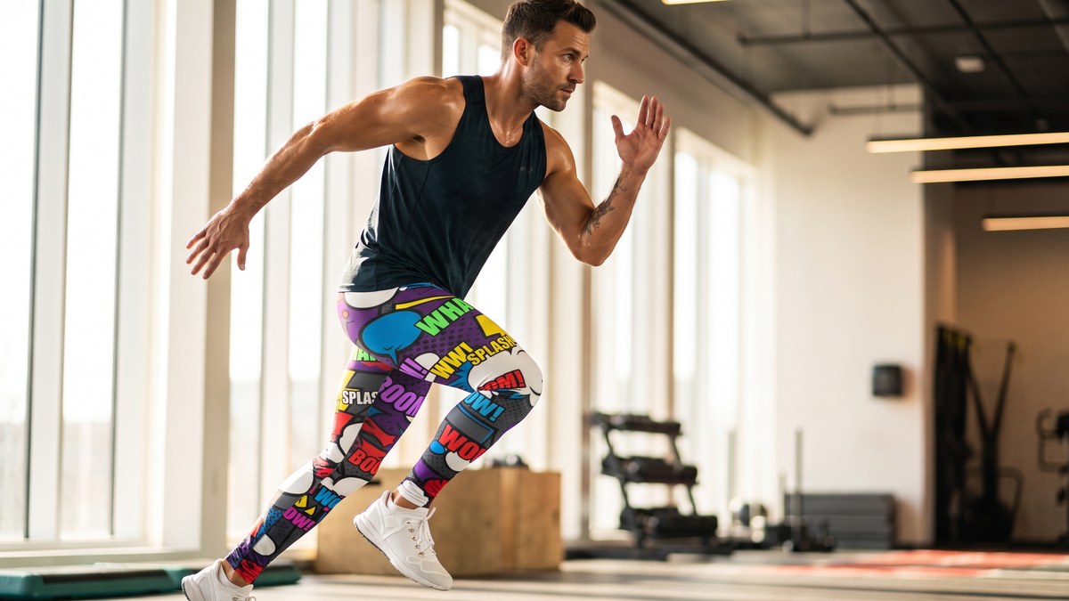 Lifestyle image of a model wearing Comic Strip Dark Knight Meggings from GearBunch