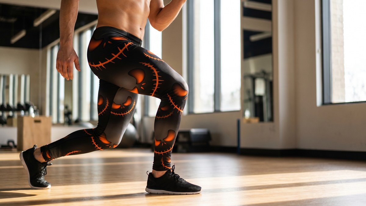 Lifestyle image of a model wearing Halloween Evil Pumpkin Grin Meggings from GearBunch