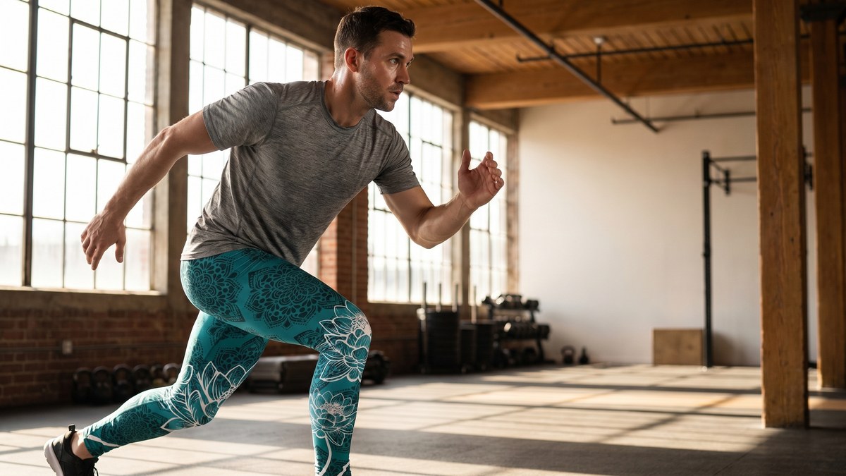 Lifestyle image of a model wearing Cyan Blue Lotus Meggings from GearBunch
