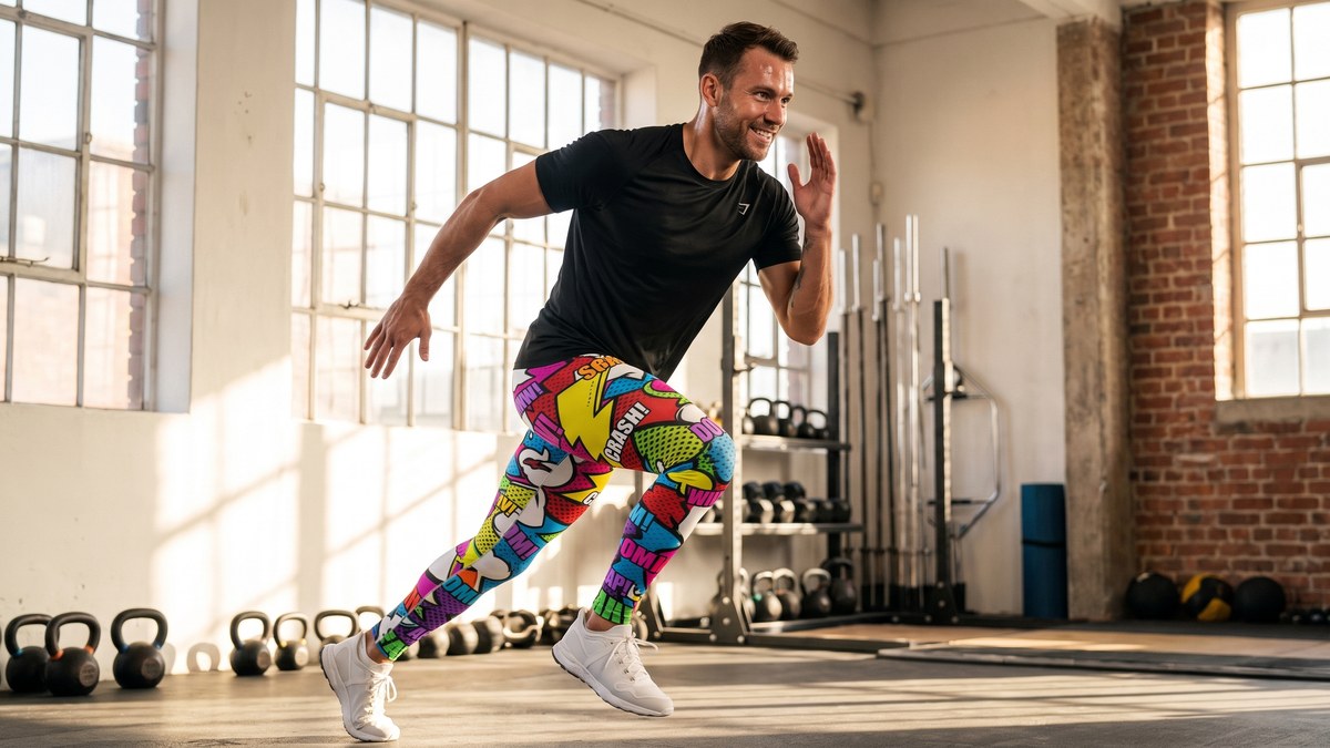 Lifestyle image of a model wearing Comic Strip Graffiti Street Meggings from GearBunch