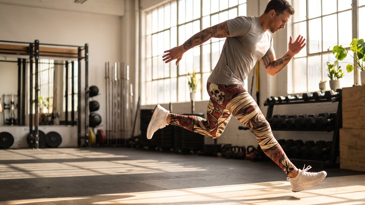 Lifestyle image of a model wearing Tropical Floral White Yoga Pants from GearBunch