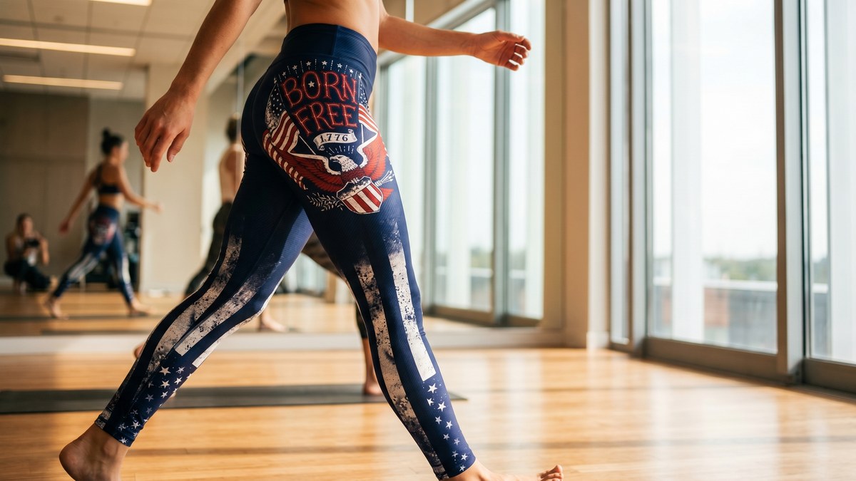 Lifestyle image of a model wearing American Patriot - Born Free Leggings from GearBunch