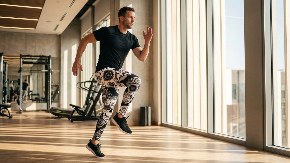 Lifestyle image of a model wearing Black & White Sugar Skull Meggings from GearBunch