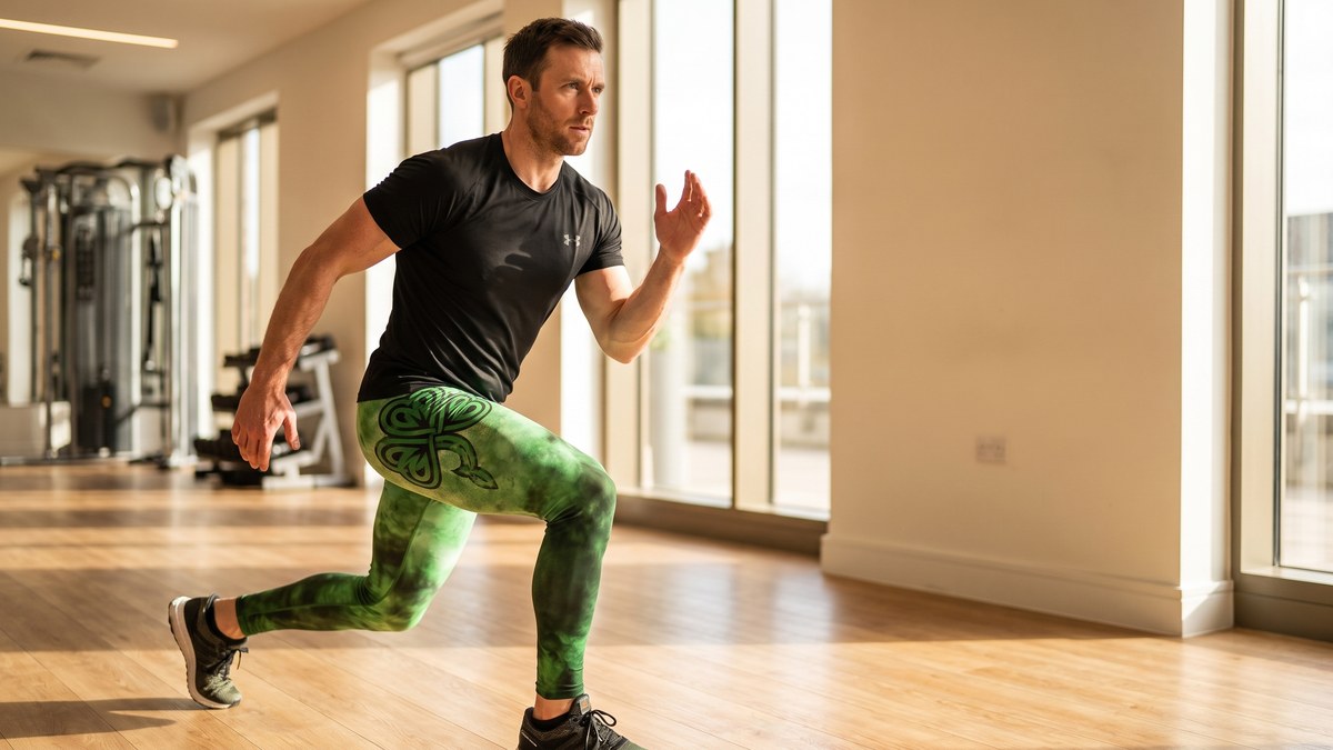 Lifestyle image of a model wearing Irish Smoking Shamrock Leggings from GearBunch