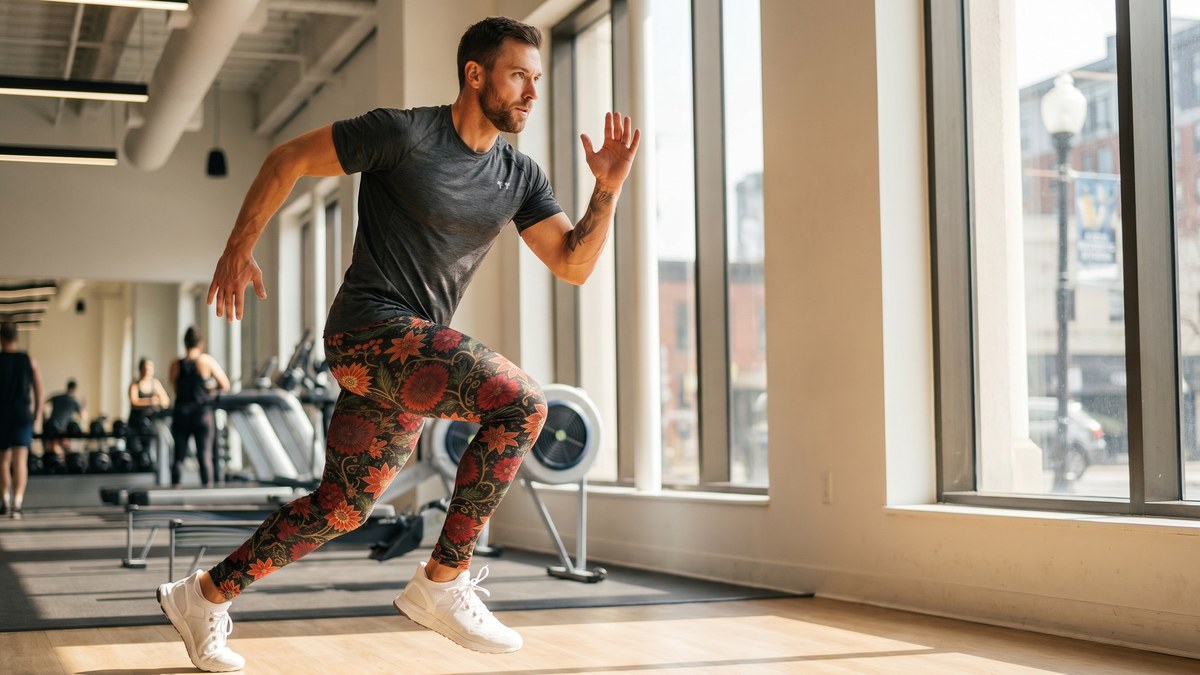 Lifestyle image of a model wearing Crimson Paillette Fantasy Meggings from GearBunch