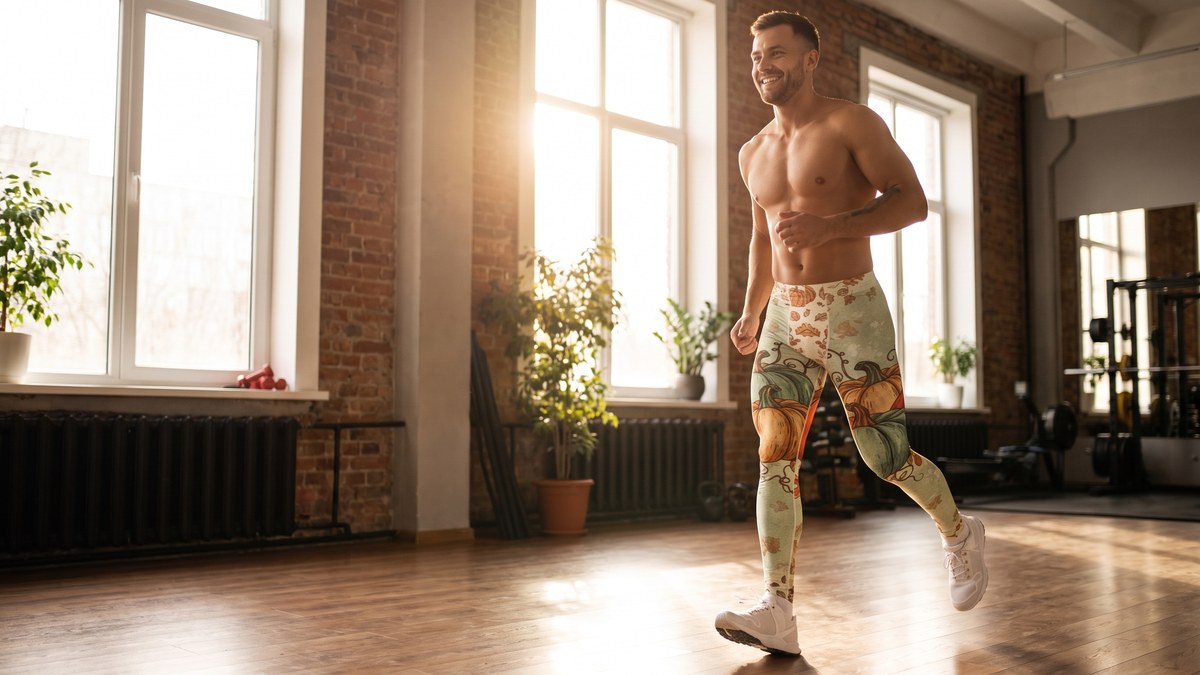 Lifestyle image of a model wearing Heirloom Pumpkin Patch Meggings from GearBunch