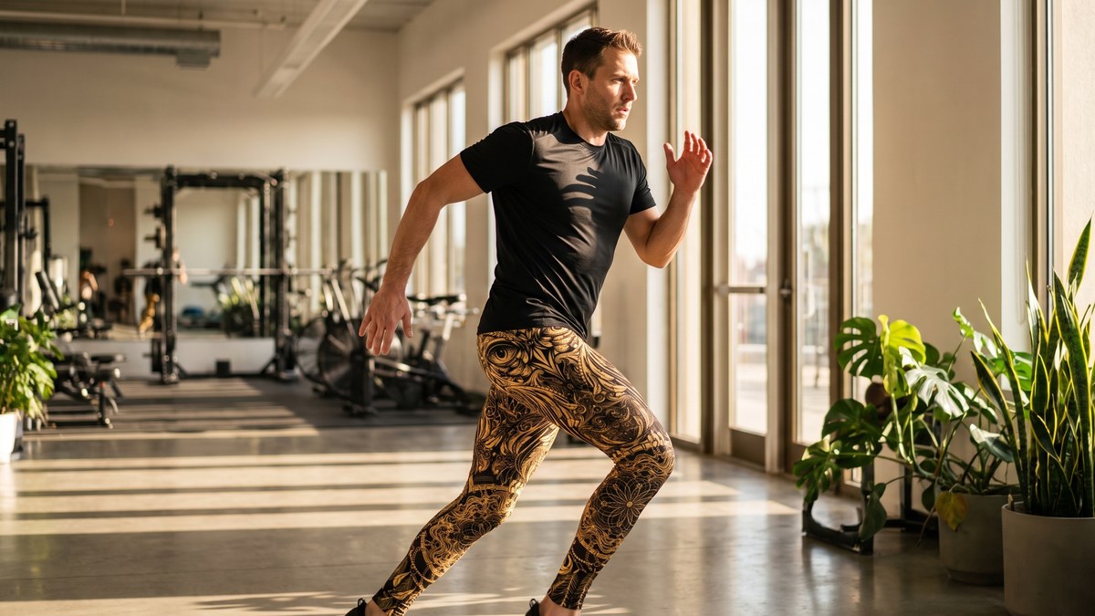 Lifestyle image of a model wearing Golden Ornamental Owl Meggings from GearBunch