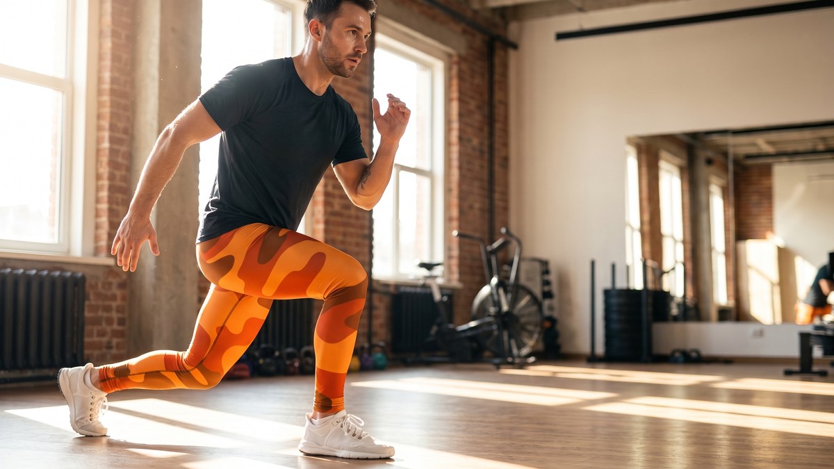 Lifestyle image of a model wearing Burnt Orange Camo Meggings from GearBunch