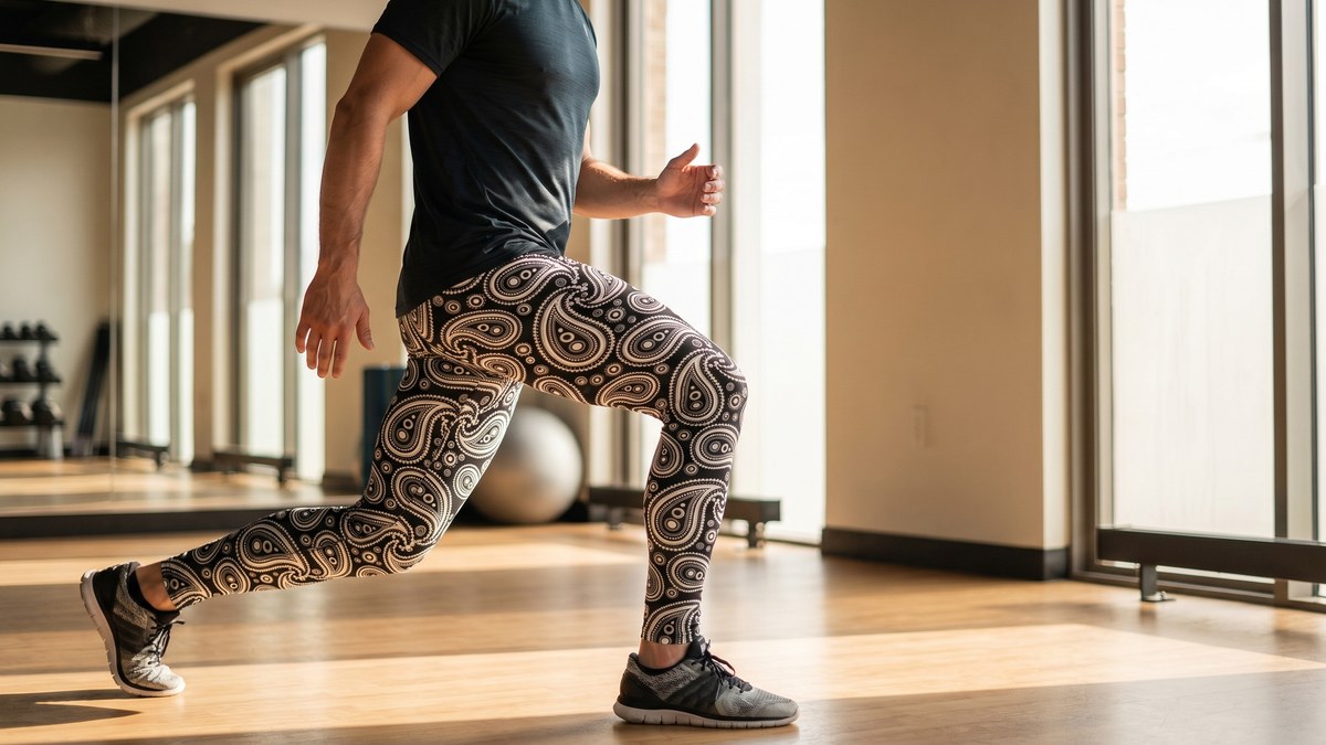 Lifestyle image of a model wearing Black & White Paisley Meggings from GearBunch