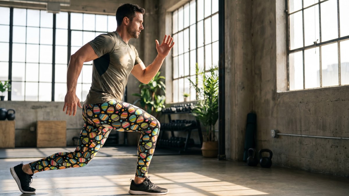 Lifestyle image of a model wearing Easter Eggs Meggings from GearBunch