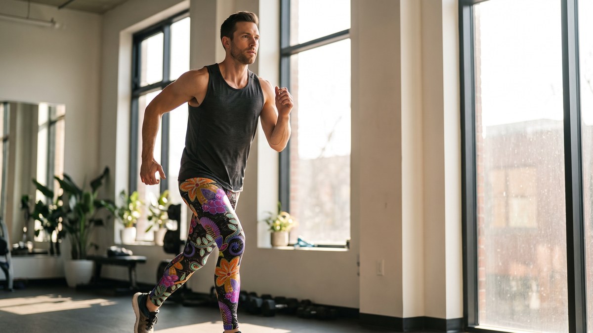 Lifestyle image of a model wearing Faux Paillette Flower Meggings from GearBunch
