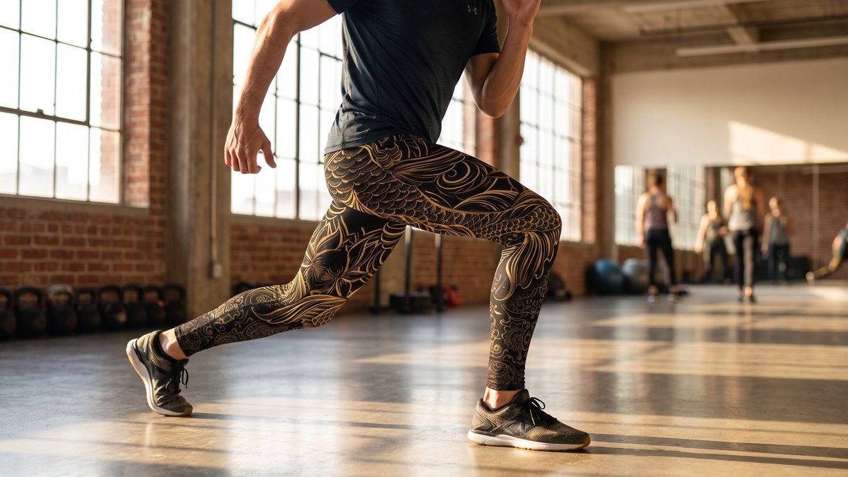 Lifestyle image of a model wearing Golden Oriental Koi Fish Meggings from GearBunch