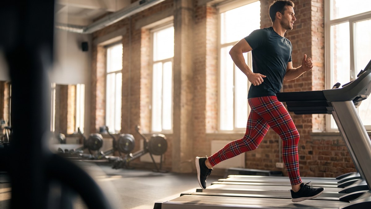 Lifestyle image of a model wearing Deep Red Tartan Meggings from GearBunch