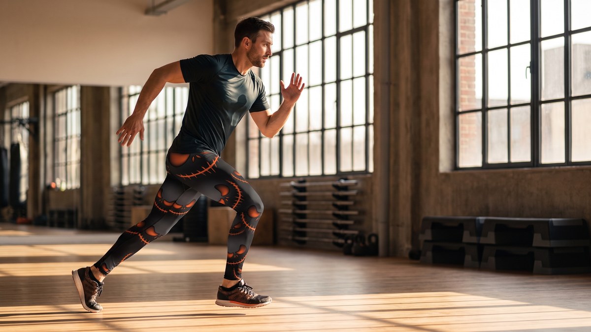 Lifestyle image of a model wearing Halloween Evil Pumpkin Grin Meggings from GearBunch