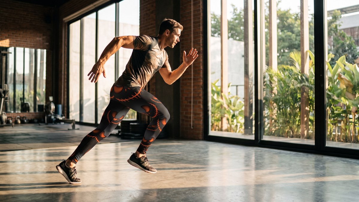 Lifestyle image of a model wearing Halloween Evil Pumpkin Grin Meggings from GearBunch
