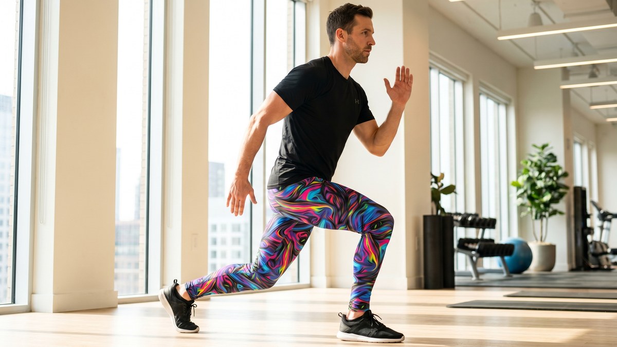 Lifestyle image of a model wearing Psychedelic Neon Paint Meggings from GearBunch