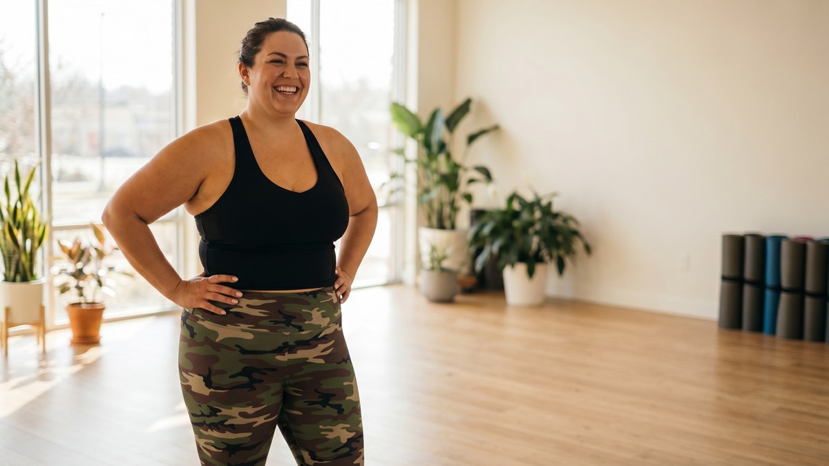 Woman wearing camo plus size leggings confidently lifting weights in a gym.