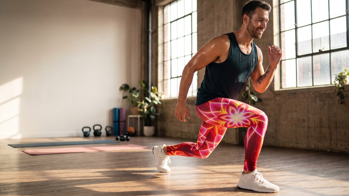 Lifestyle image of a model wearing Psychedelic Fairy Ring Flare Leggings from GearBunch