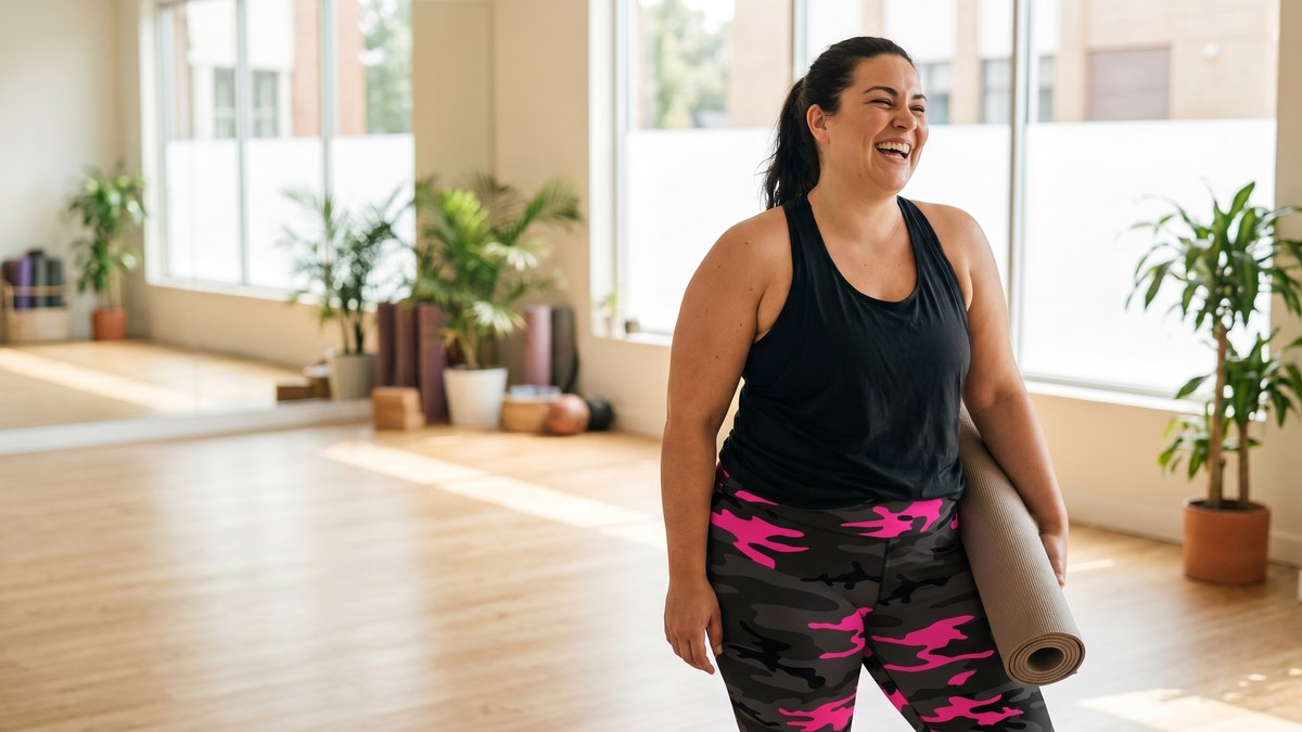 Lifestyle image of a model wearing Dark Pink Camo Leggings from GearBunch