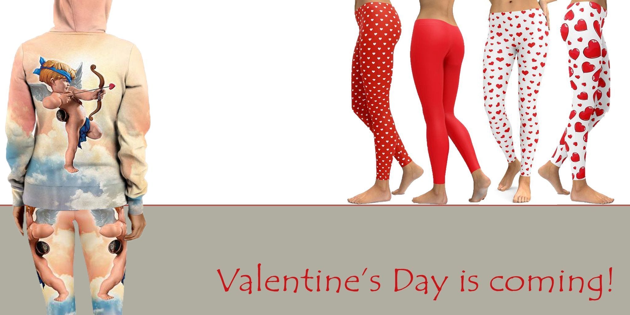 Woman wearing white heart shaped pink leggings, a Valentine's Day outfit
