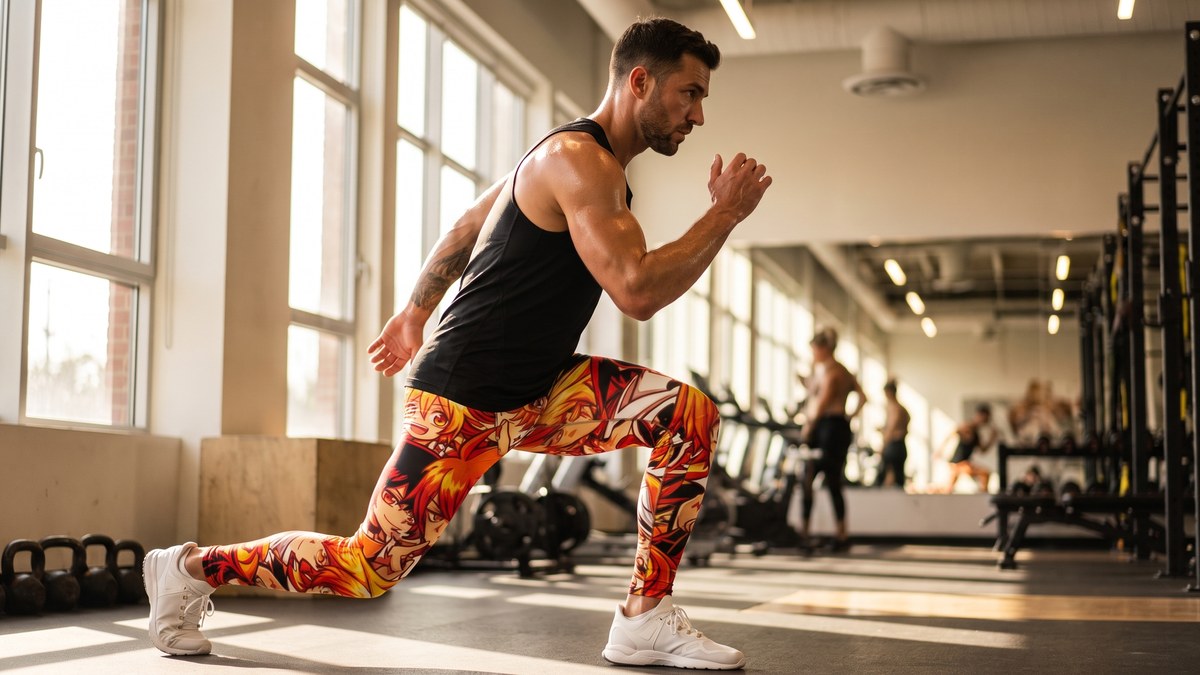 Lifestyle image of a model wearing Anime Collage Fire Spirit Meggings from GearBunch