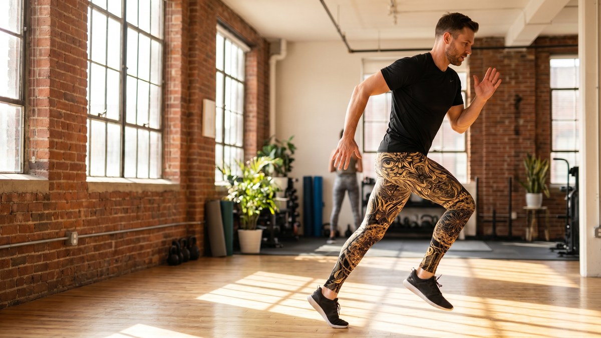 Lifestyle image of a model wearing Golden Ornamental Owl Meggings from GearBunch