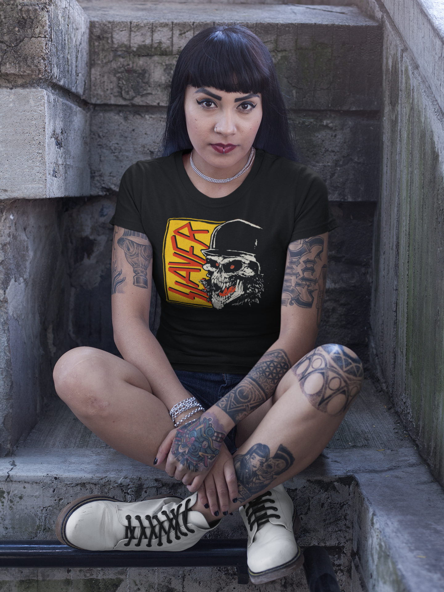 Slayer Skull Womens T-Shirt Sitting
