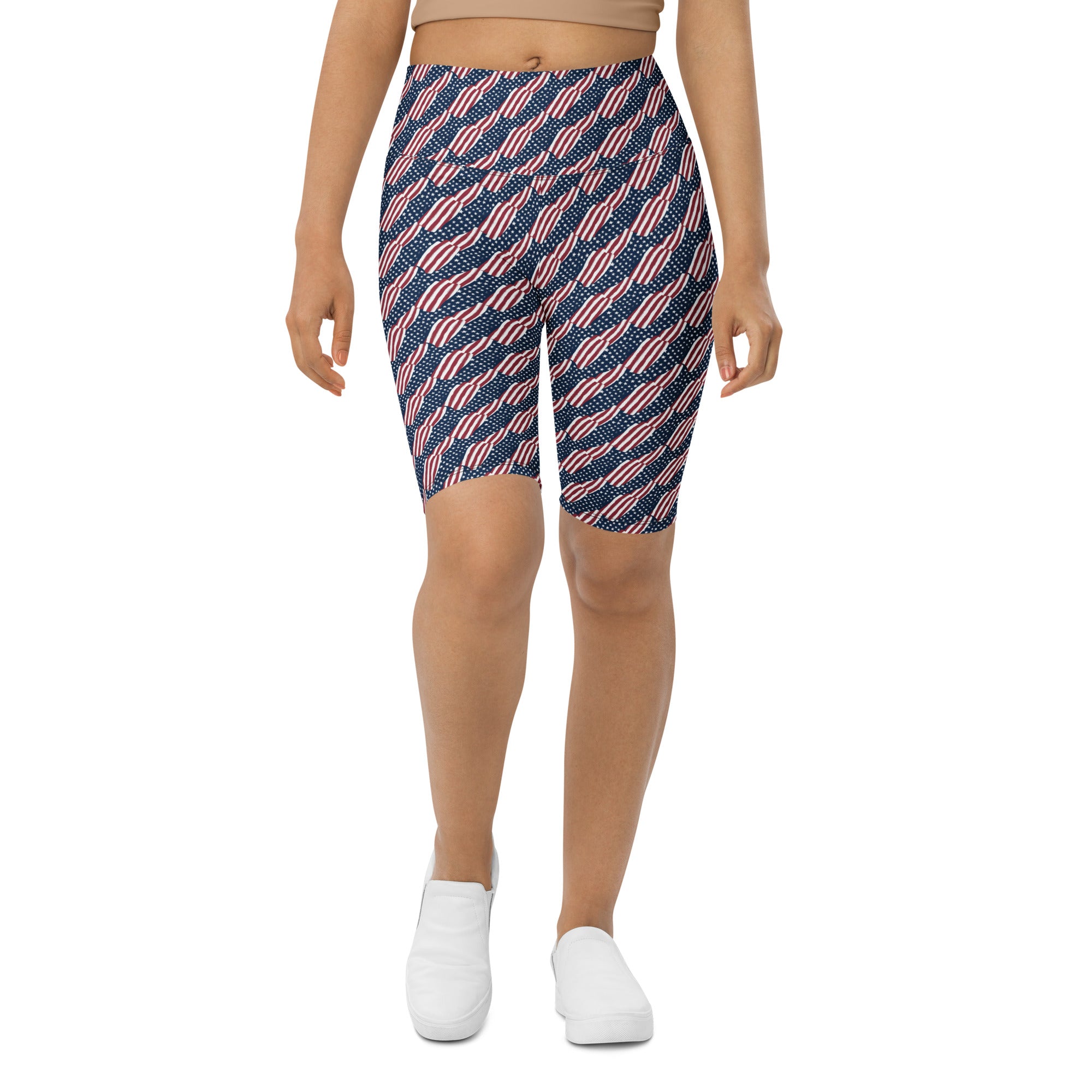 Women's american flag repeat printed bike shorts front view