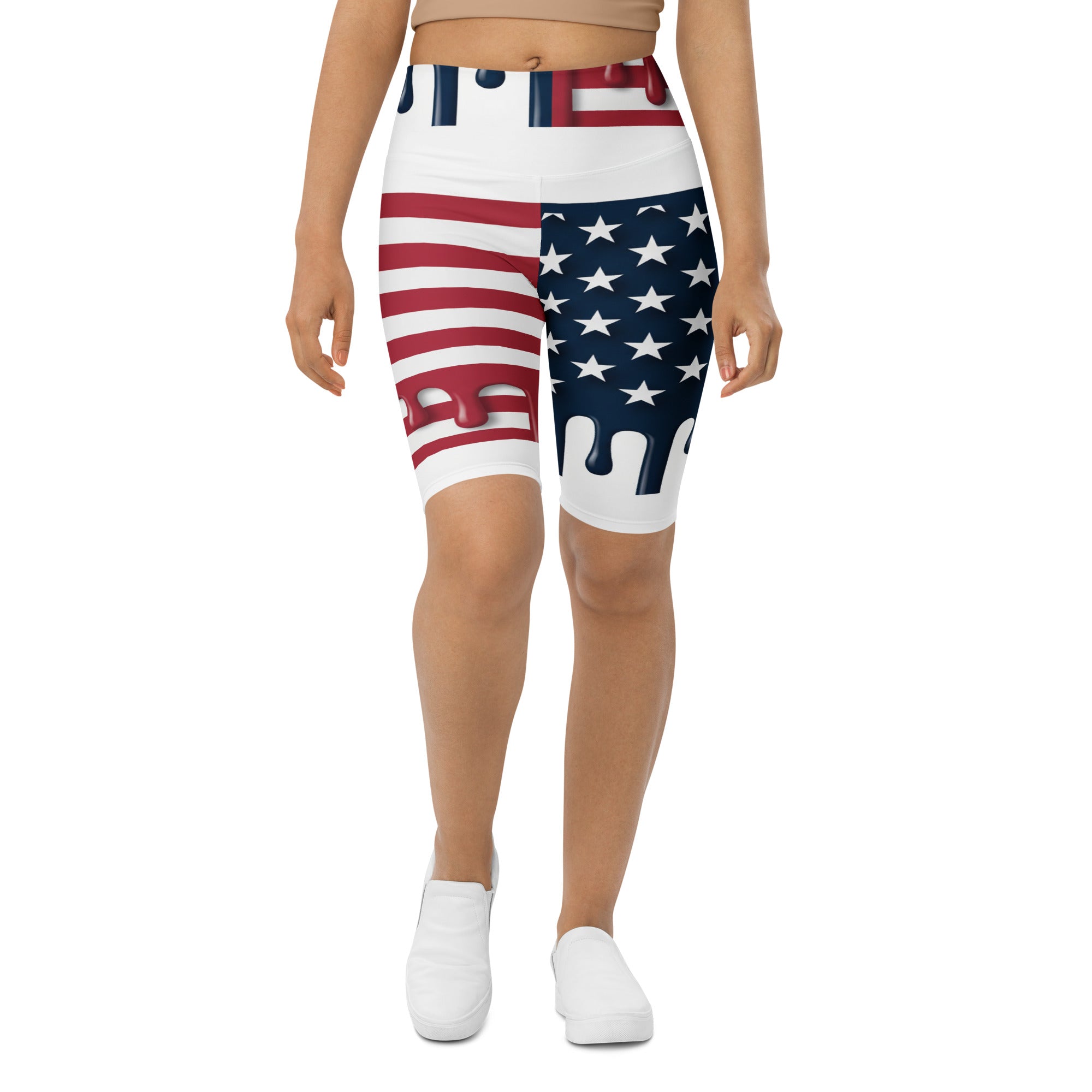 Women's stars and stripes drip printed bike shorts front view