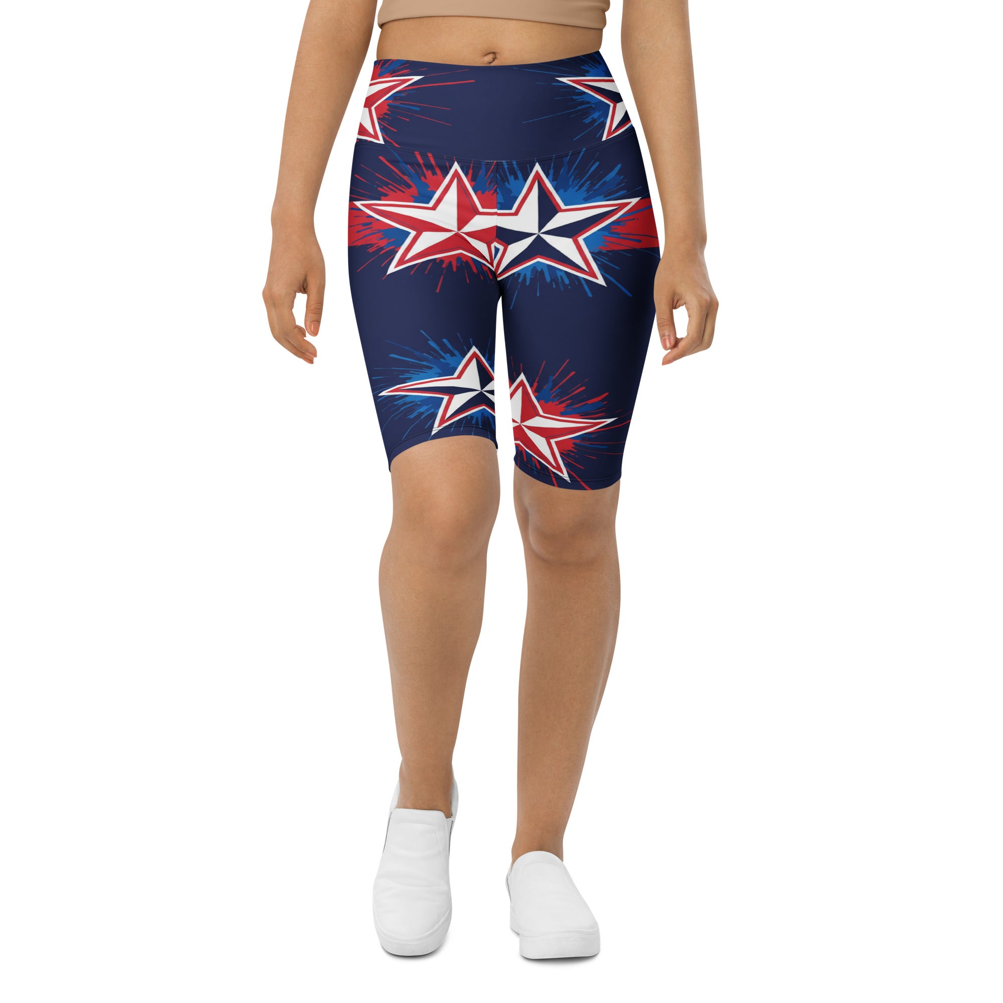Women's red white and blue stars bike shorts front view