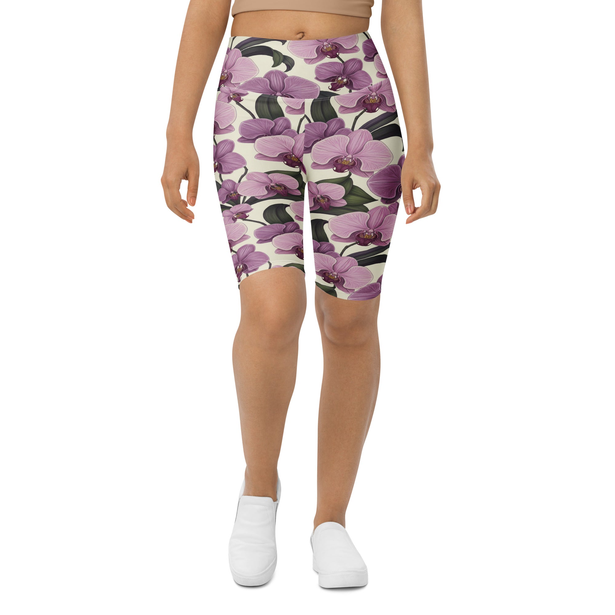 Women's pink orchid botanical bike shorts front view
