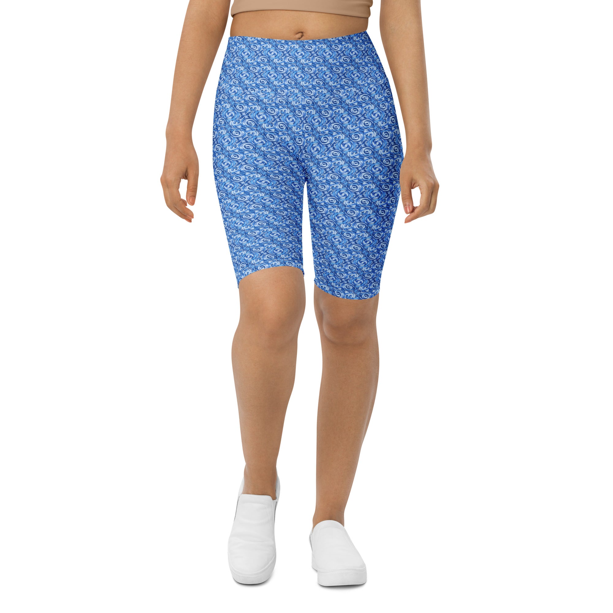 Women's blue illusionary boat ride bike shorts front view