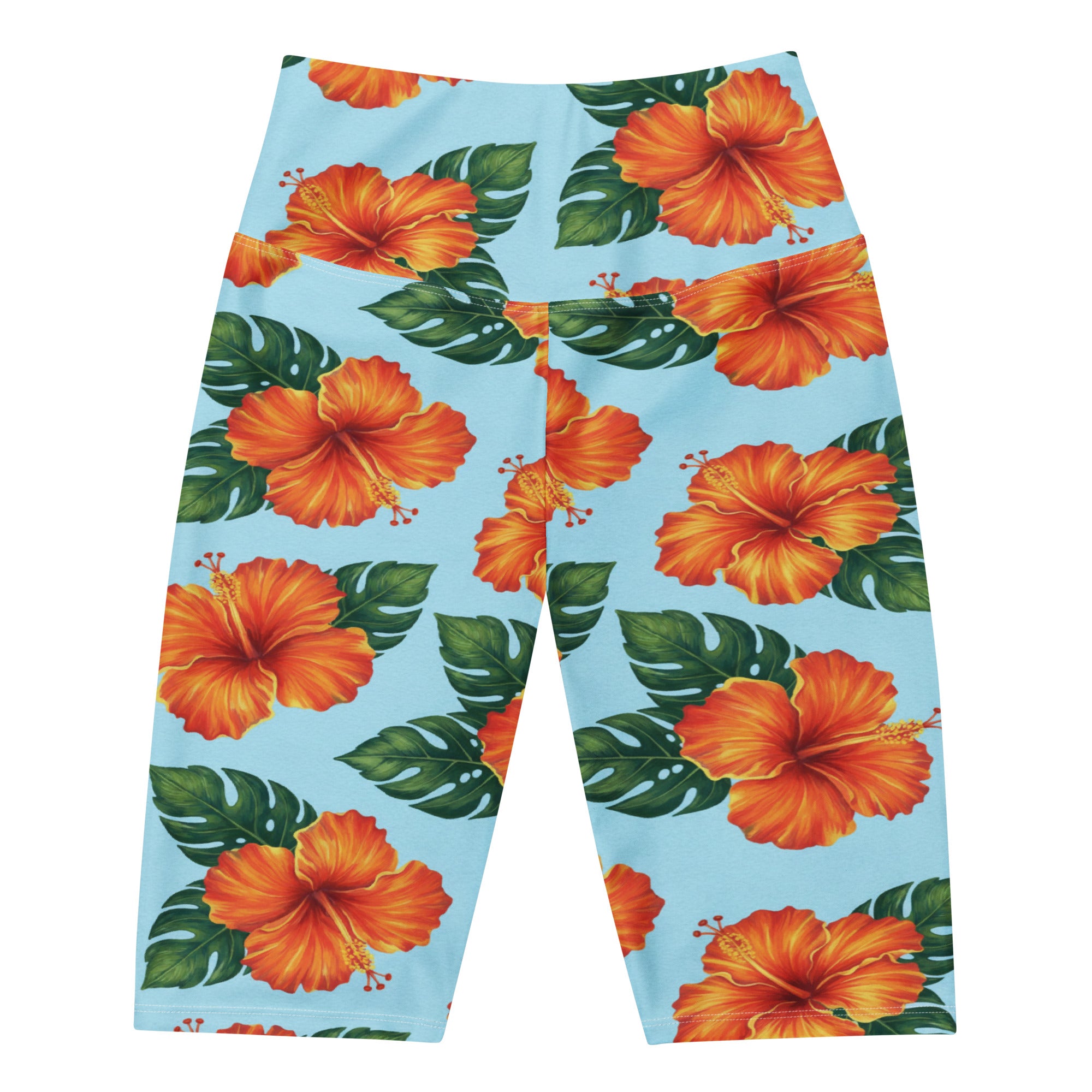 Women's tropical hibiscus bloom bike shorts front view