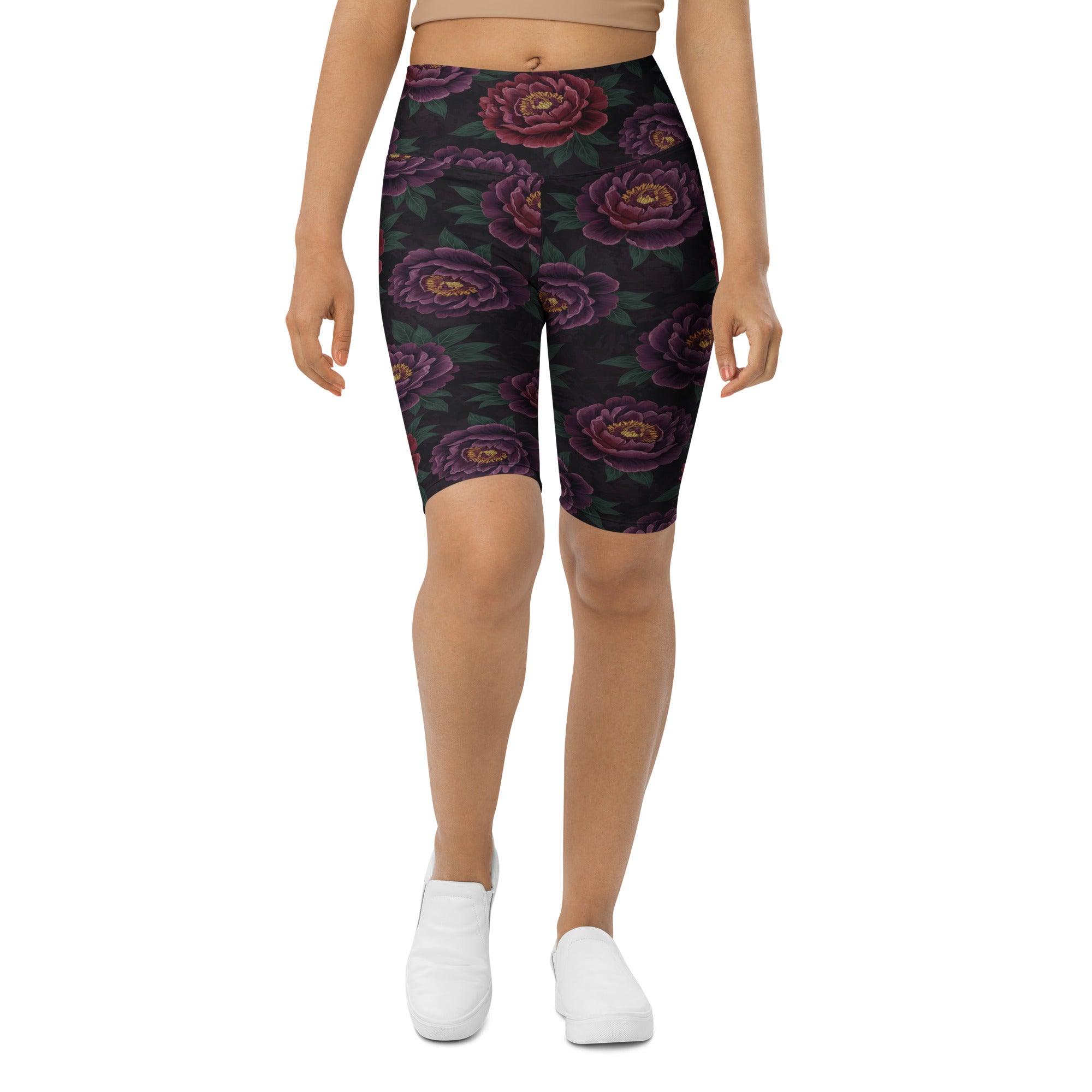 Women's dark moody peonies bike shorts front view