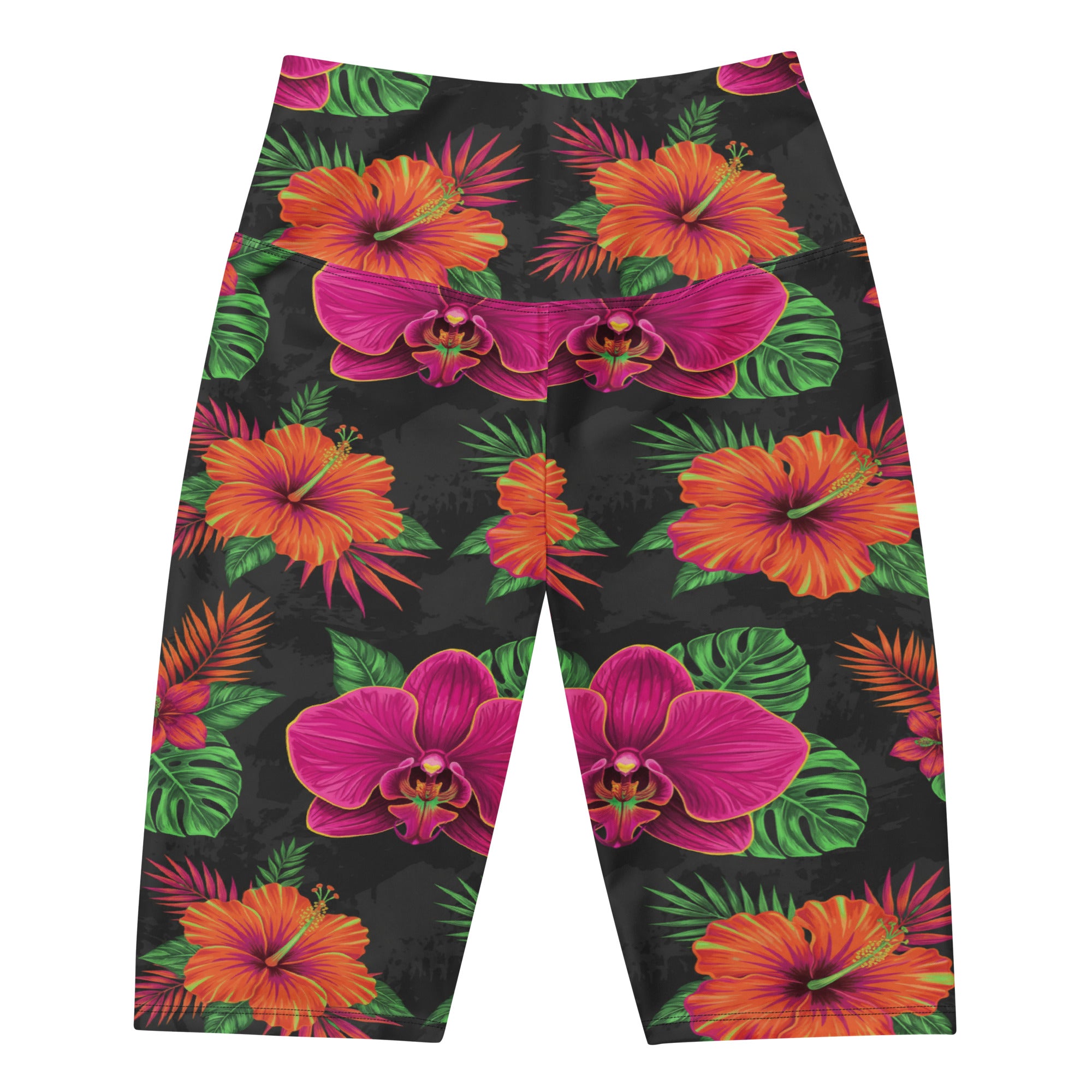 Women's neon tropical flowers bike shorts front view