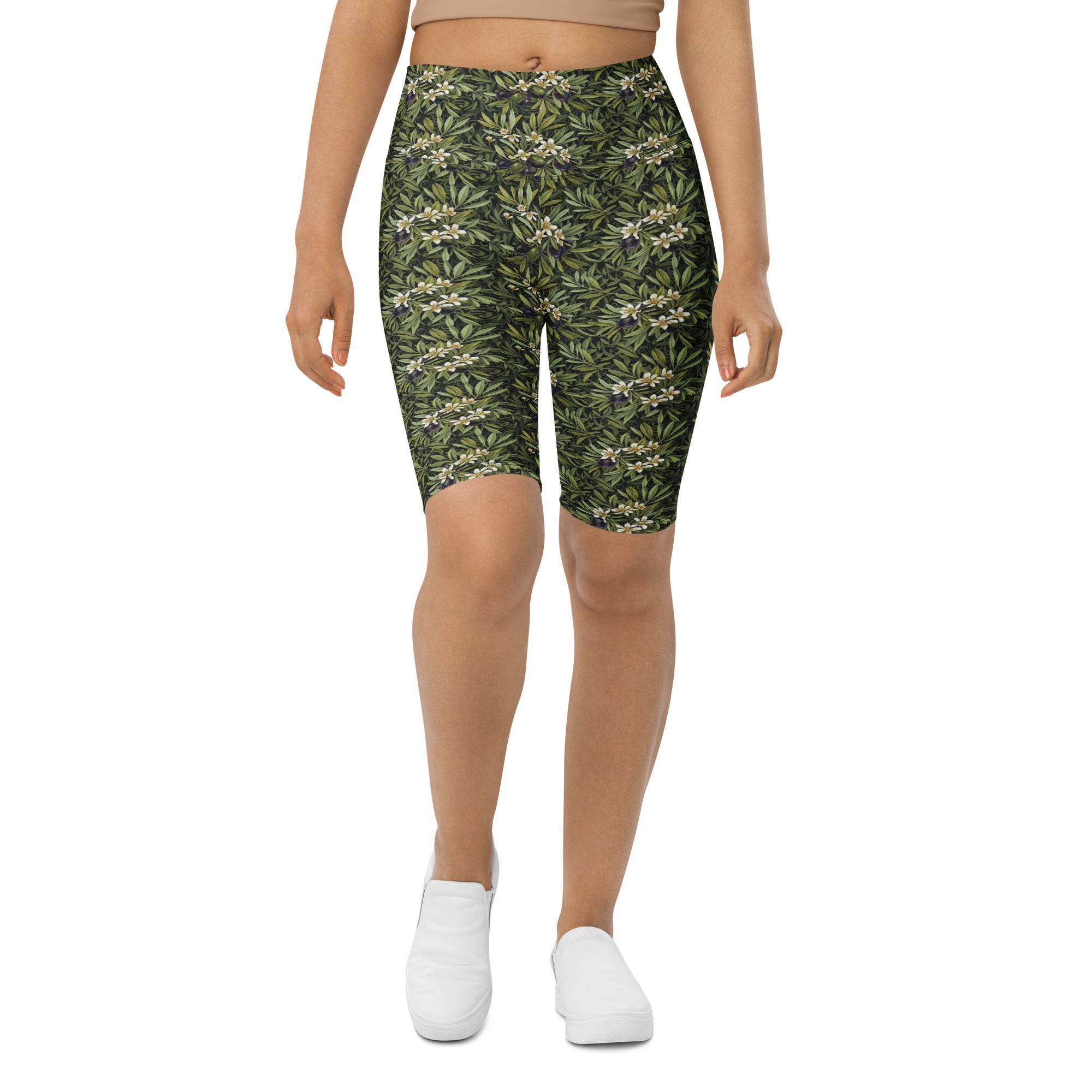 Women's botanical olive branch printed bike shorts front view
