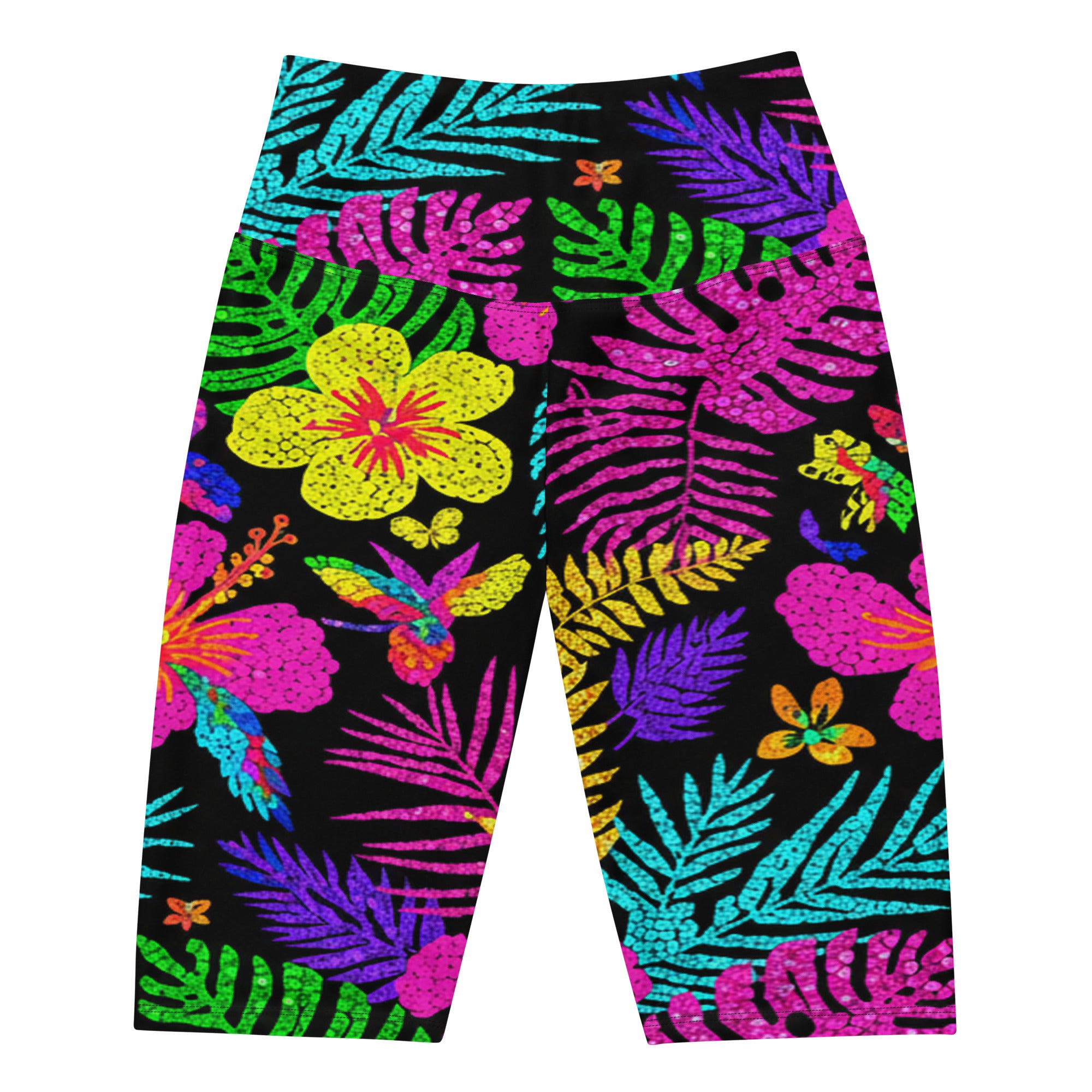 Women's rainbow paillette tropical bike shorts front view