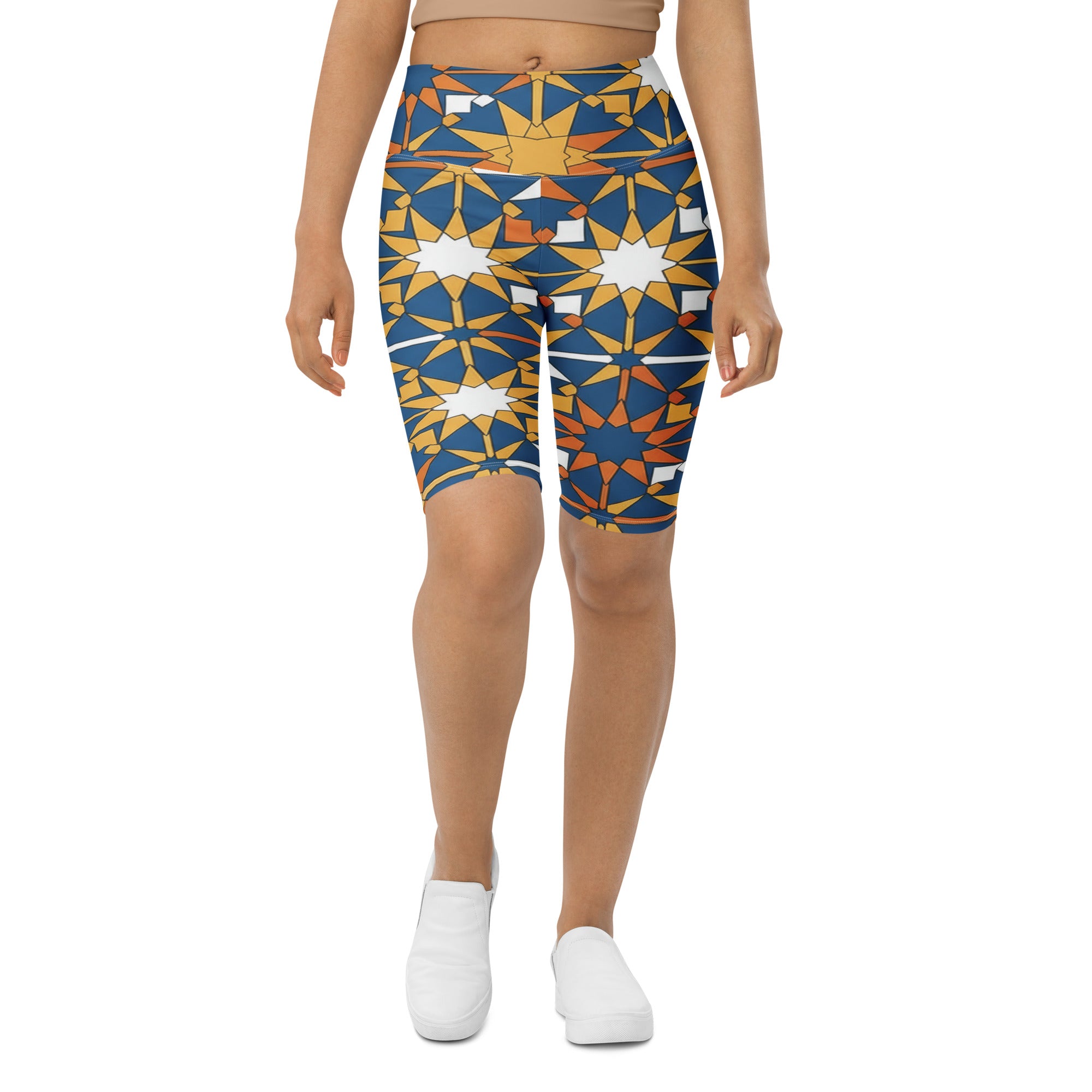 Women's zellige ocean sunset printed bike shorts front view