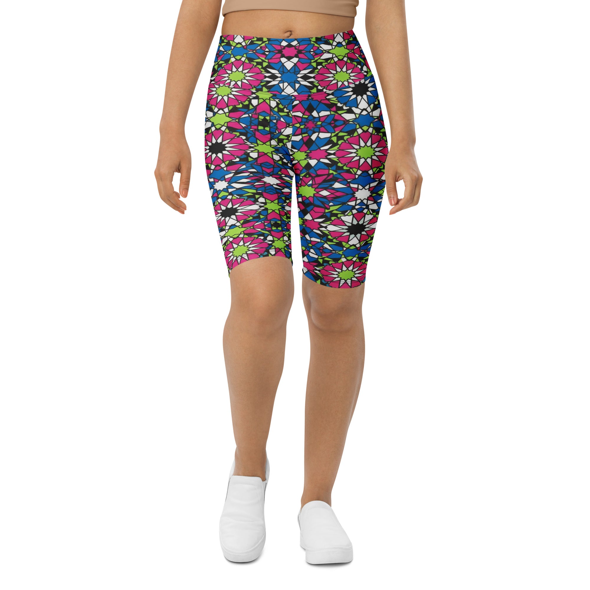Women's zellige electric neon bike shorts front view
