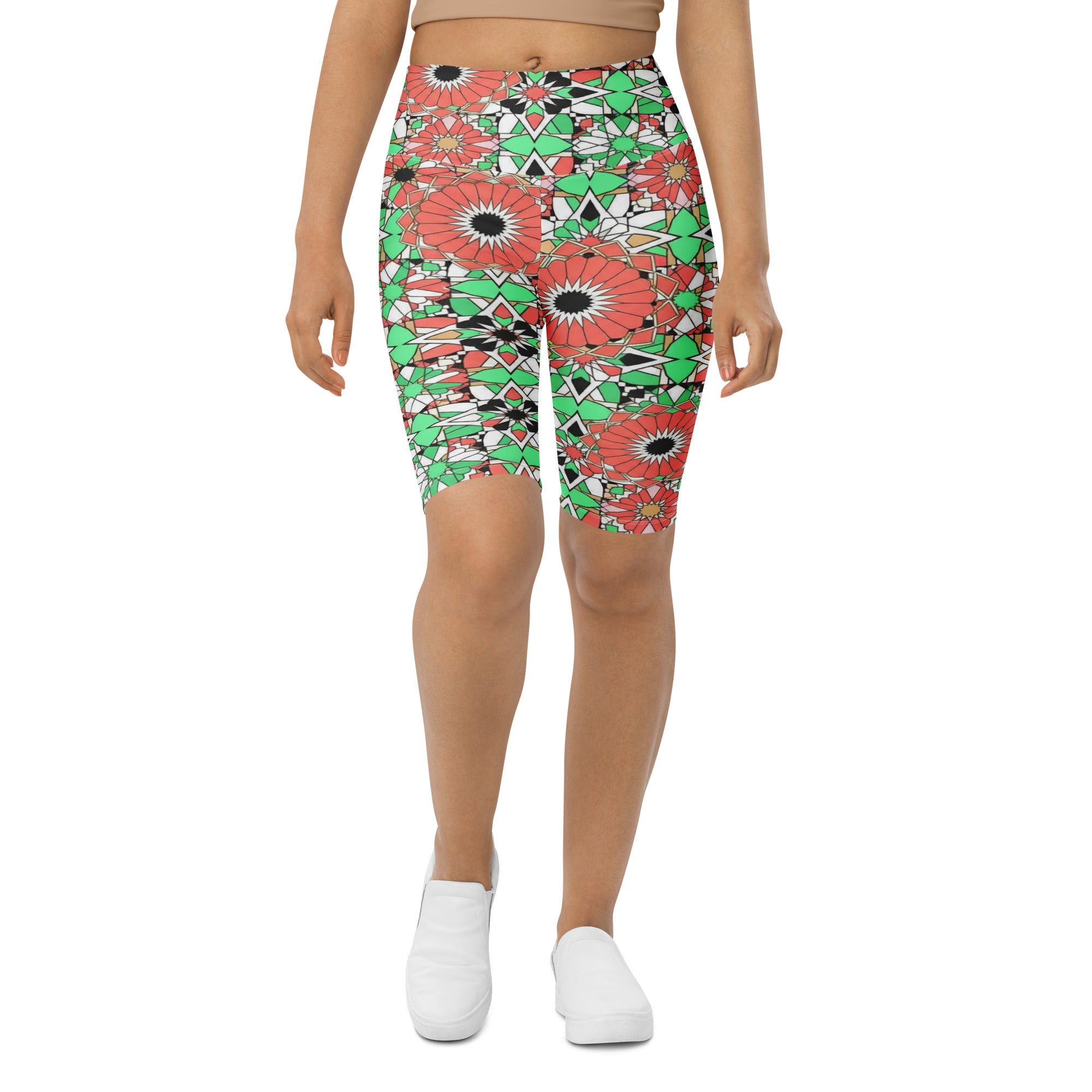 Women's coral mint pattern bike shorts front view
